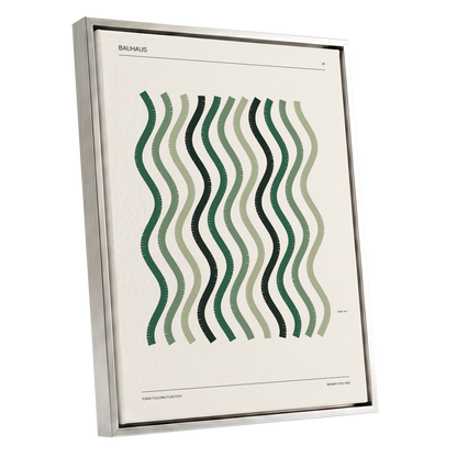 Sage Undulation No. 28, green, beige, black abstract wall art shown as a silver framed canvas wall art