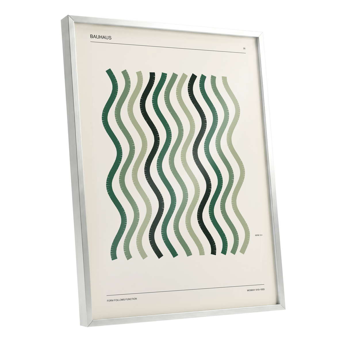 Sage Undulation No. 28, green, beige, black abstract wall art shown as a silver framed poster wall art print
