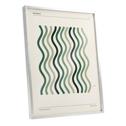 Sage Undulation No. 28, green, beige, black abstract wall art shown as a silver framed poster wall art print