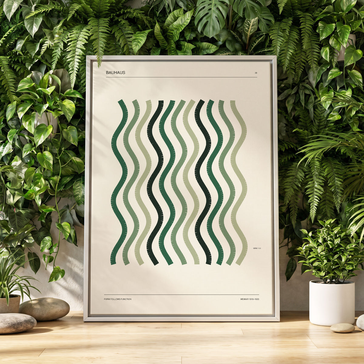 Sage Undulation No. 28, green, beige, black abstract wall art displayed in a styled interior, gallery view 1