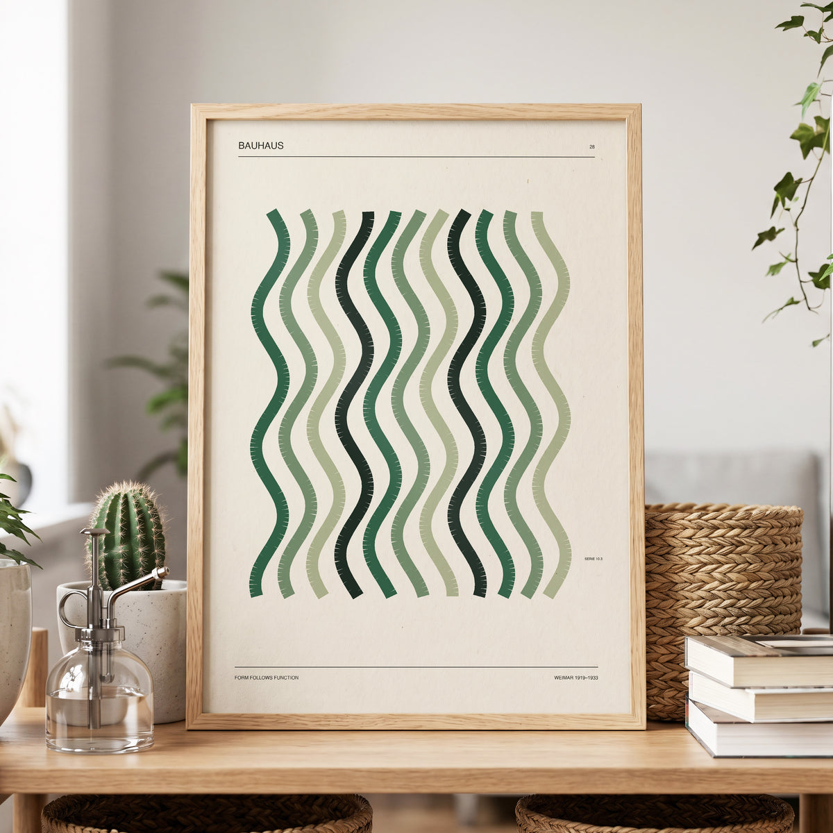 Sage Undulation No. 28, green, beige, black abstract wall art displayed in a styled interior, gallery view 3