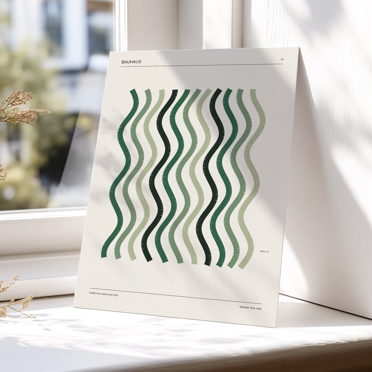 Sage Undulation No. 28, green, beige, black abstract wall art displayed in a styled interior, gallery view 4