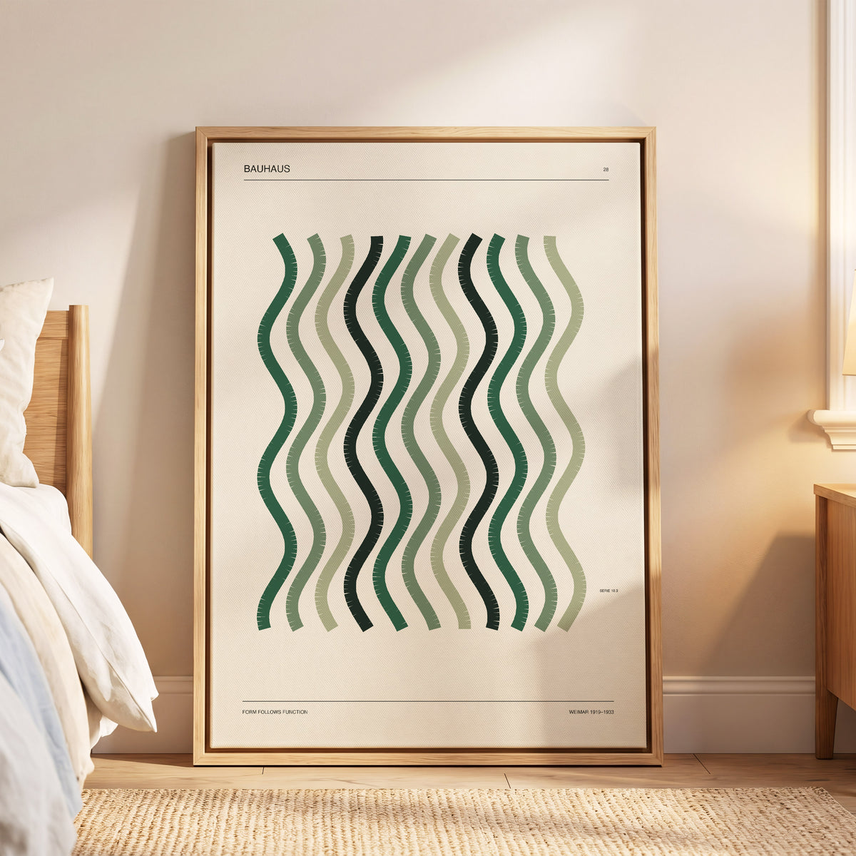 Sage Undulation No. 28, green, beige, black abstract wall art displayed in a styled interior, gallery view 5