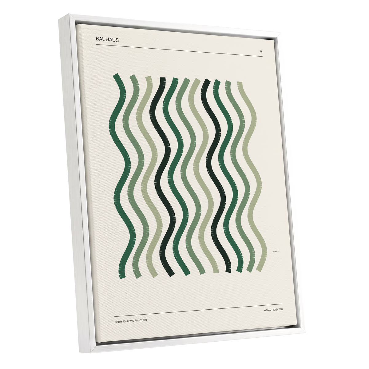 Sage Undulation No. 28, green, beige, black abstract wall art shown as a white framed canvas wall art