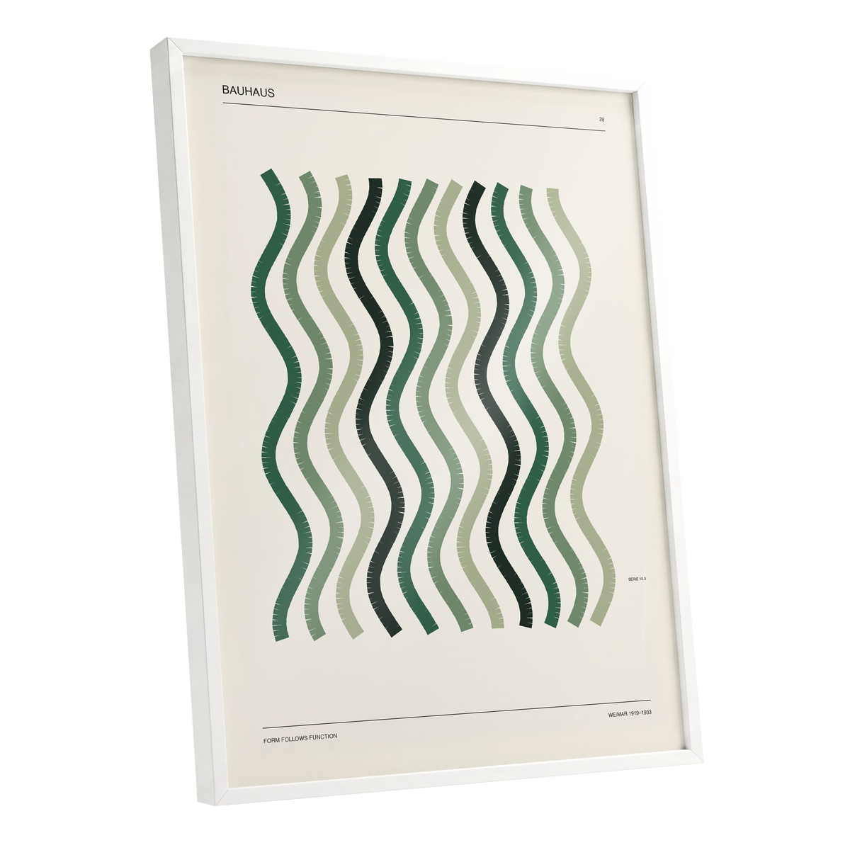 Sage Undulation No. 28, green, beige, black abstract wall art shown as a white framed poster wall art print