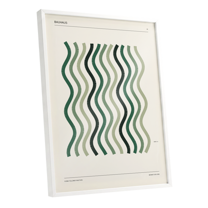 Sage Undulation No. 28, green, beige, black abstract wall art shown as a white framed poster wall art print