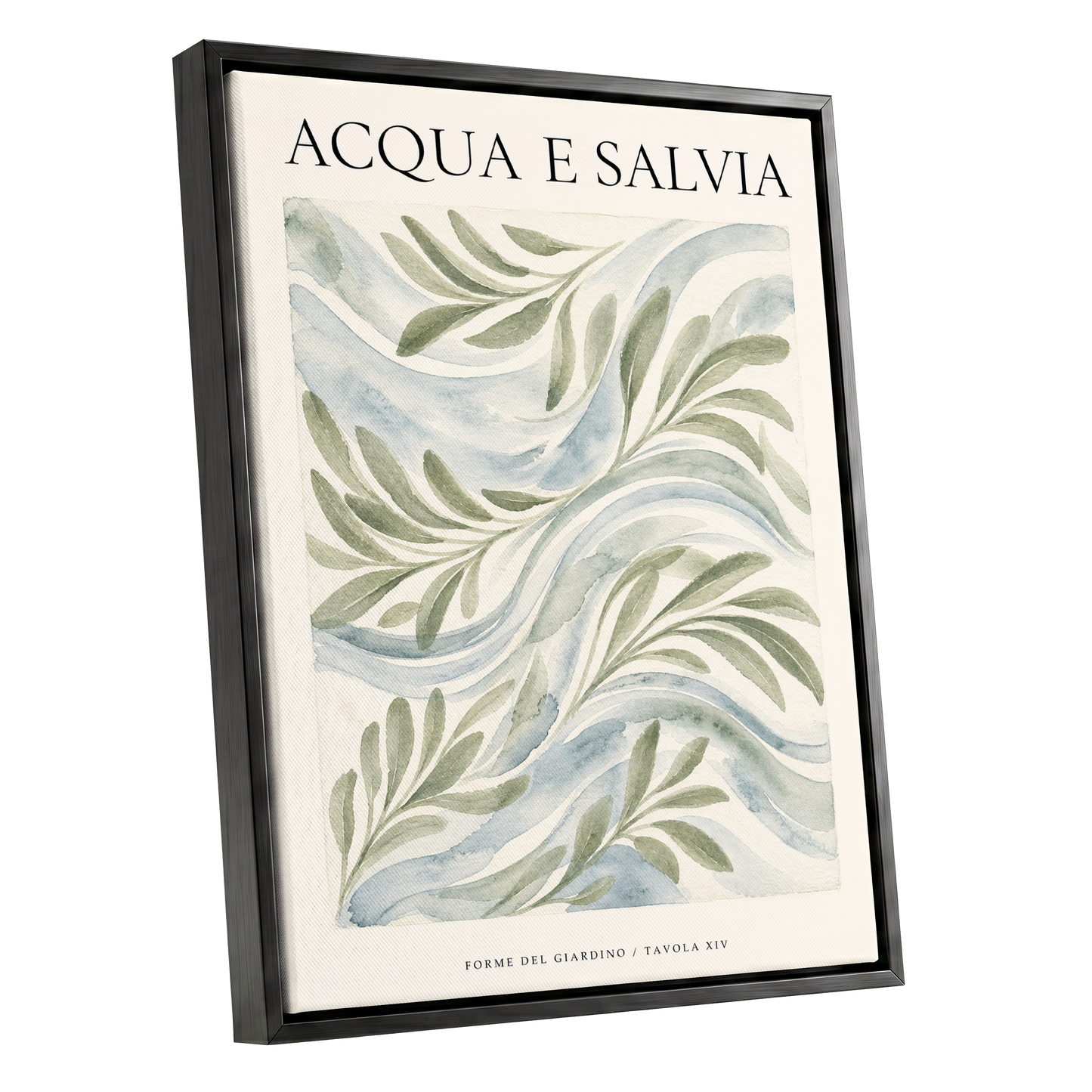 Sage Water Garden, green, beige, blue nature wall art shown as a black framed canvas wall art
