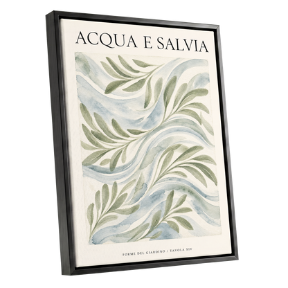 Sage Water Garden, green, beige, blue nature wall art shown as a black framed canvas wall art
