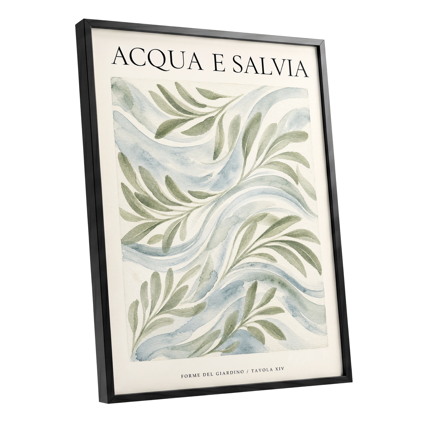 Sage Water Garden, green, beige, blue nature wall art shown as a black framed poster wall art print