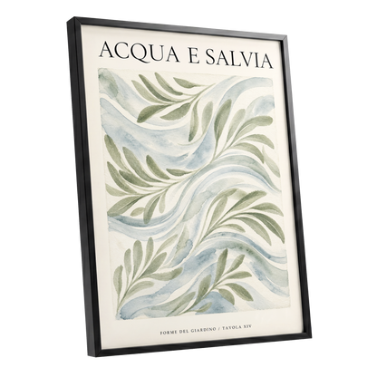 Sage Water Garden, green, beige, blue nature wall art shown as a black framed poster wall art print