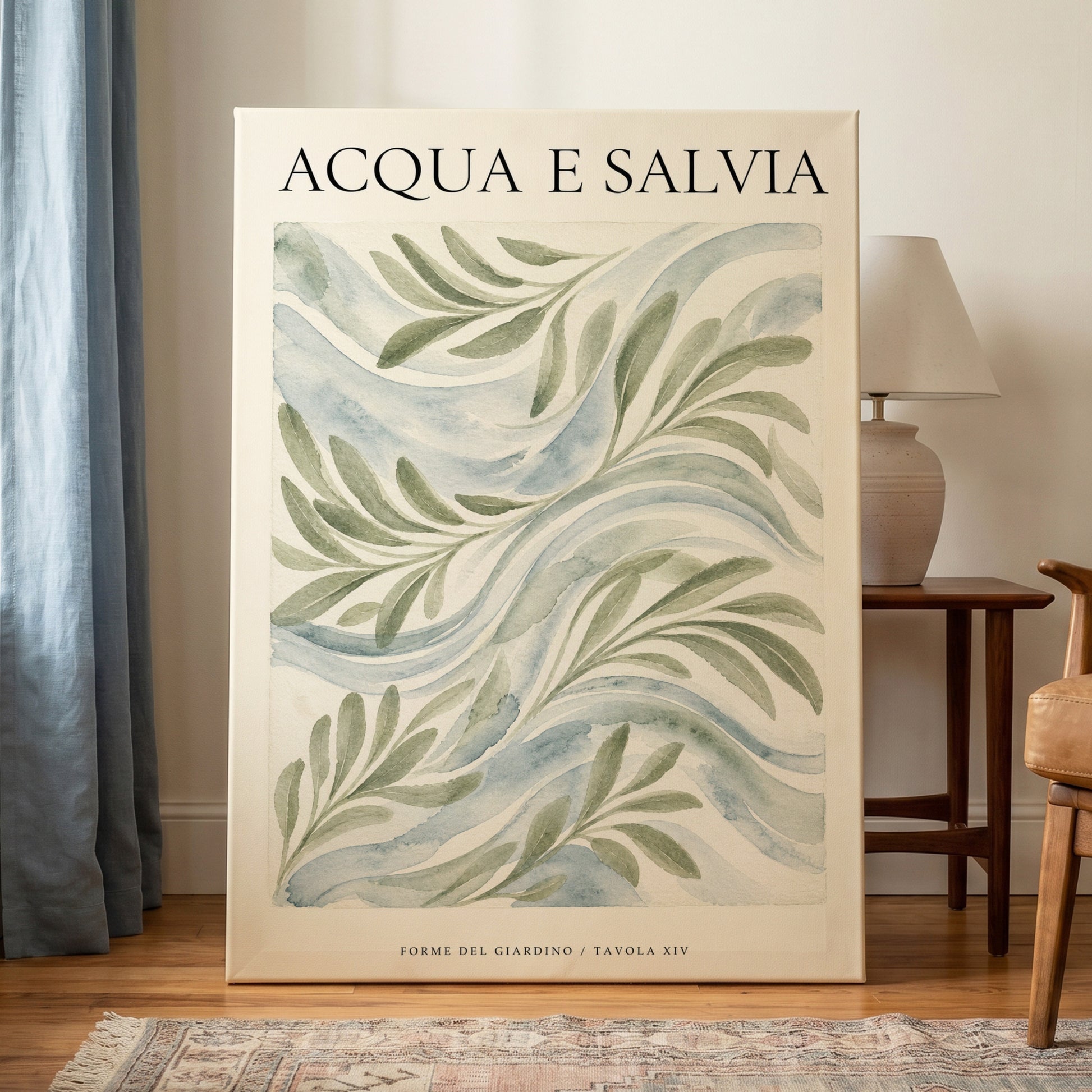 Sage Water Garden, green, beige, blue nature wall art on canvas displayed in a styled interior, gallery view 1