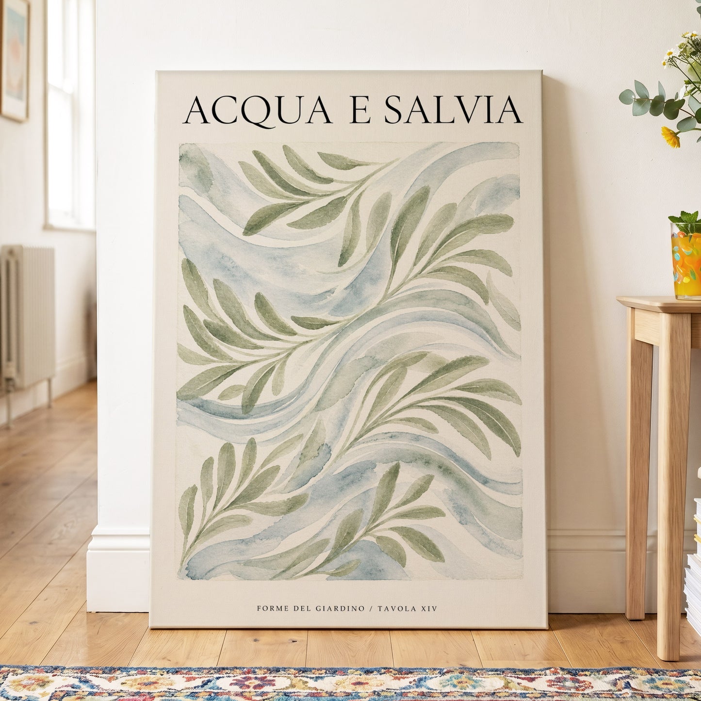 Sage Water Garden, green, beige, blue nature wall art on canvas displayed in a styled interior, gallery view 2