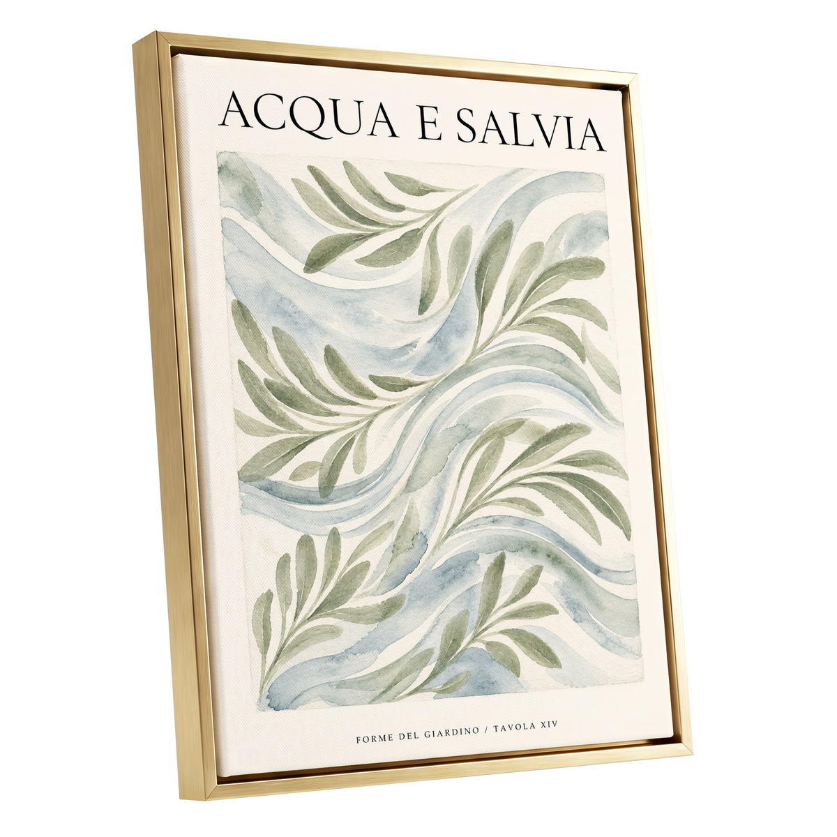 Sage Water Garden, green, beige, blue nature wall art shown as a gold framed canvas wall art