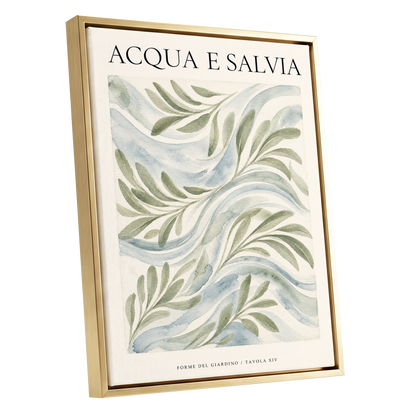 Sage Water Garden, green, beige, blue nature wall art shown as a gold framed canvas wall art