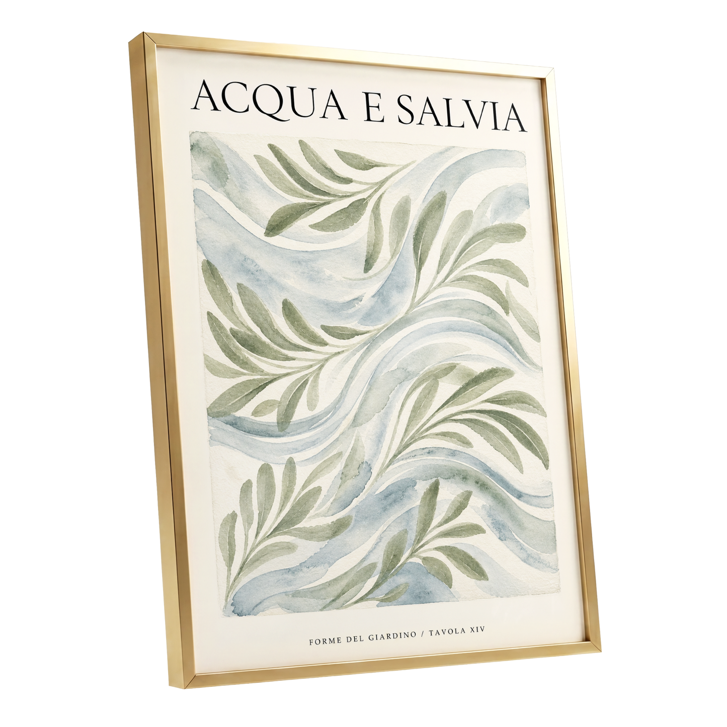Sage Water Garden, green, beige, blue nature wall art shown as a gold framed poster wall art print