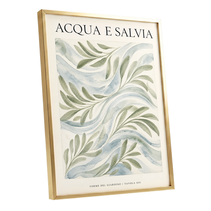 Sage Water Garden, green, beige, blue nature wall art shown as a gold framed poster wall art print