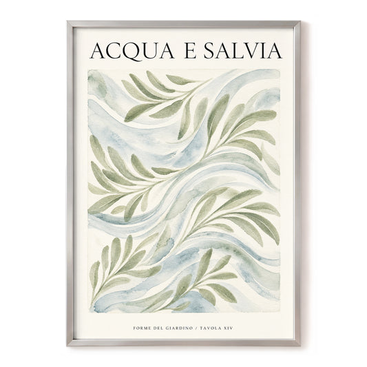Sage Water Garden, green, beige, blue nature wall art, front artwork view