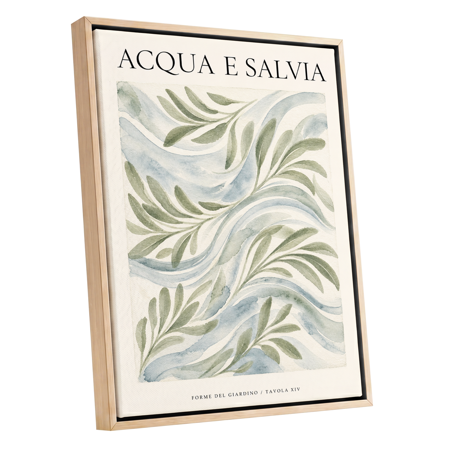 Sage Water Garden, green, beige, blue nature wall art shown as a oak framed canvas wall art