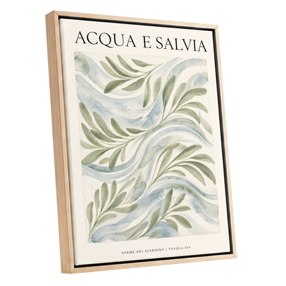 Sage Water Garden, green, beige, blue nature wall art shown as a oak framed canvas wall art