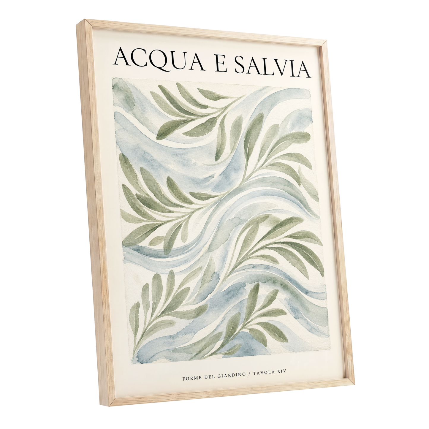 Sage Water Garden, green, beige, blue nature wall art shown as a oak framed poster wall art print