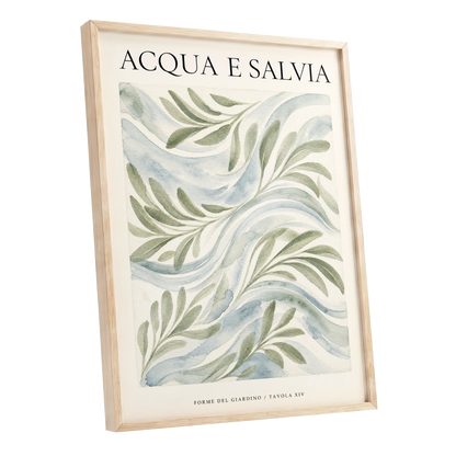 Sage Water Garden, green, beige, blue nature wall art shown as a oak framed poster wall art print
