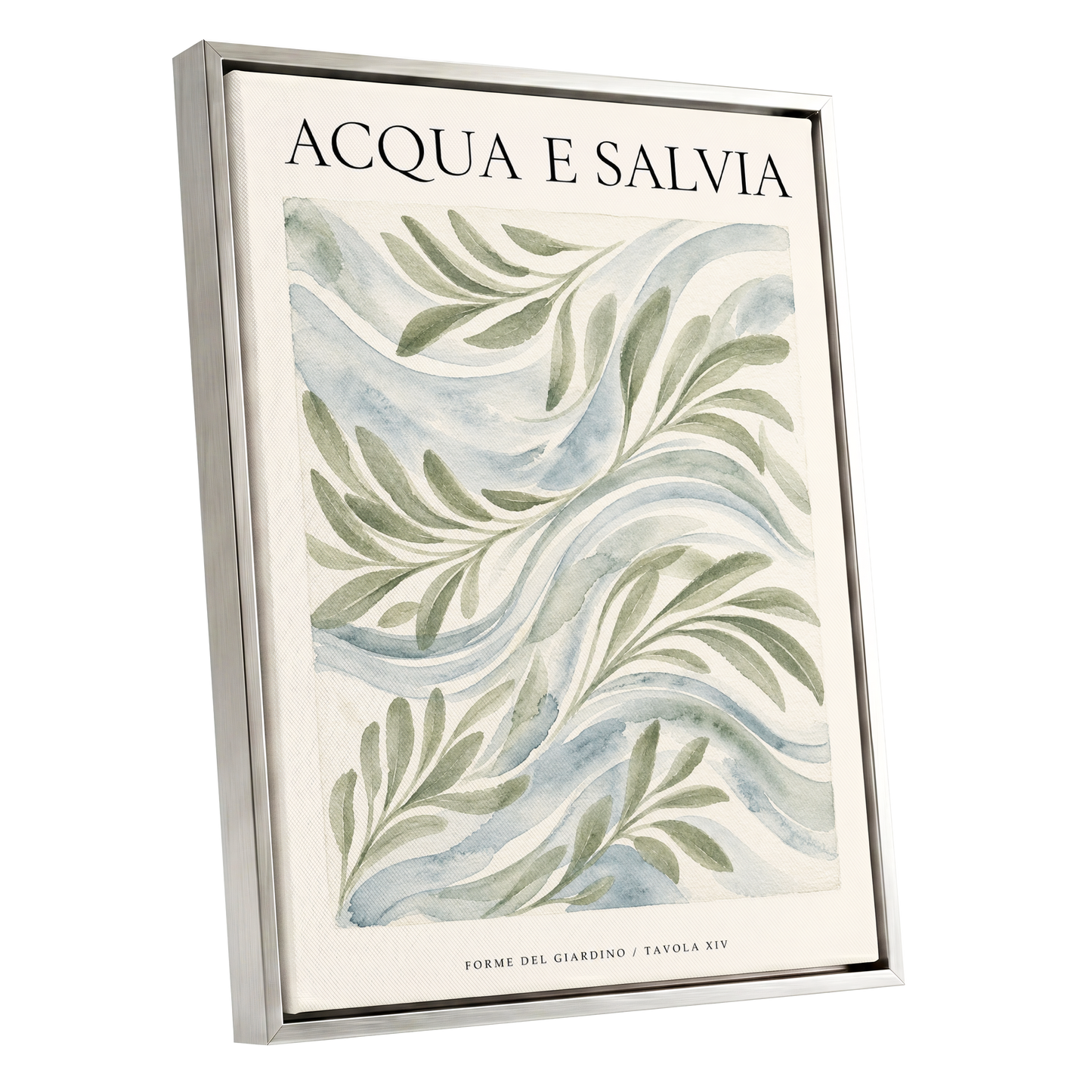 Sage Water Garden, green, beige, blue nature wall art shown as a silver framed canvas wall art