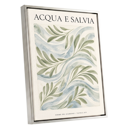 Sage Water Garden, green, beige, blue nature wall art shown as a silver framed canvas wall art
