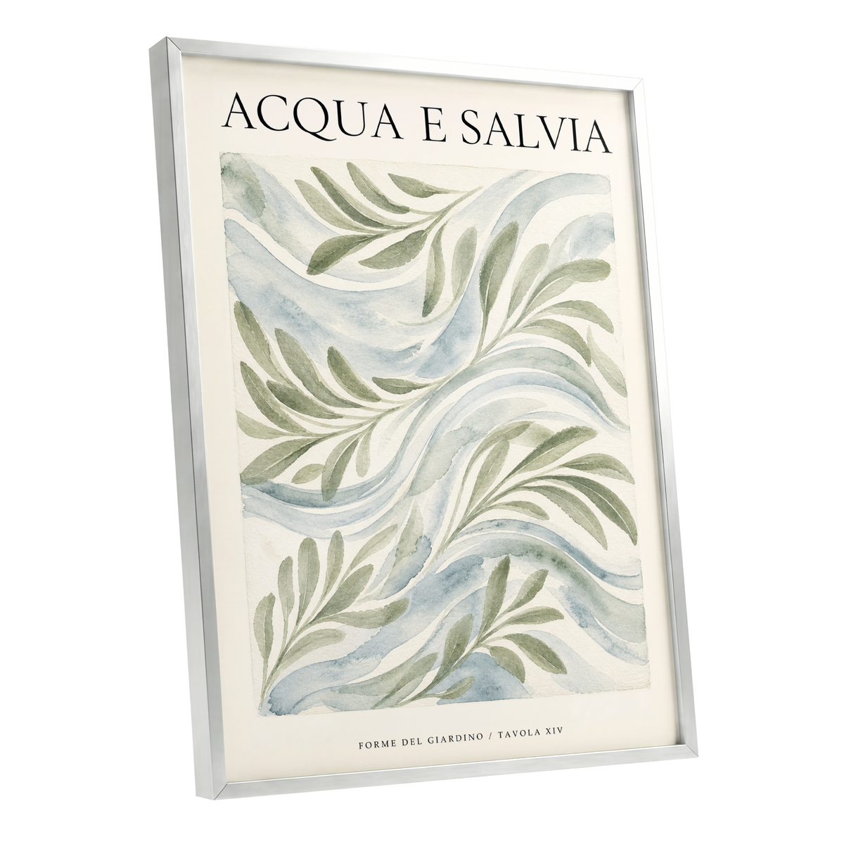 Sage Water Garden, green, beige, blue nature wall art shown as a silver framed poster wall art print