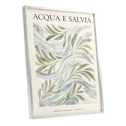 Sage Water Garden, green, beige, blue nature wall art shown as a silver framed poster wall art print