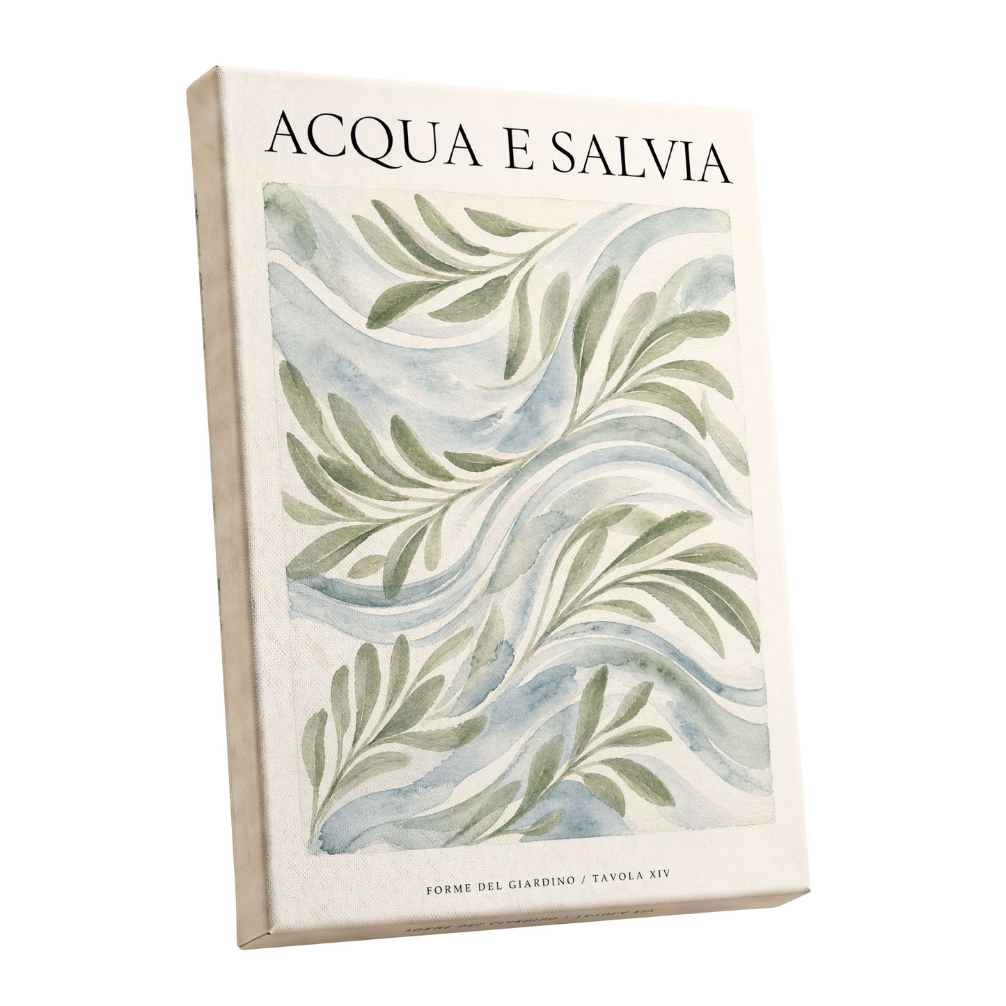 Sage Water Garden, green, beige, blue nature wall art shown as a stretched canvas wall art