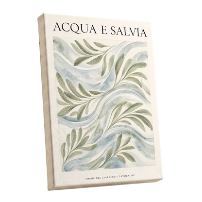 Sage Water Garden, green, beige, blue nature wall art shown as a stretched canvas wall art