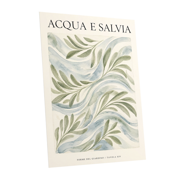 Sage Water Garden, green, beige, blue nature wall art shown as a unframed poster wall art print