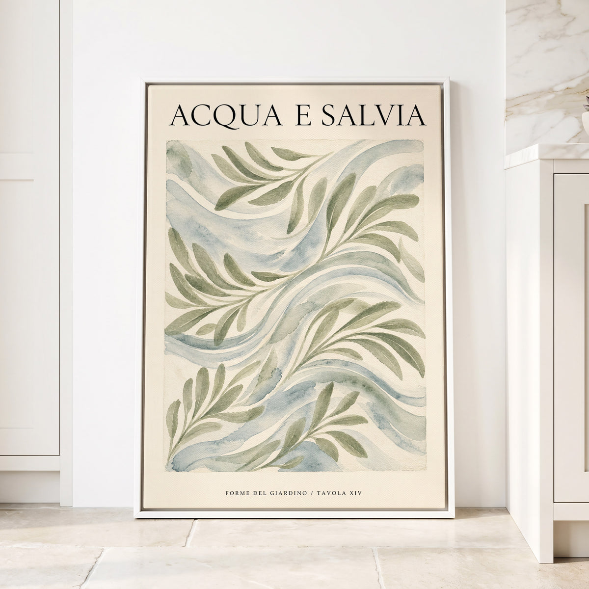 Sage Water Garden, green, beige, blue nature wall art displayed in a styled interior, gallery view 1