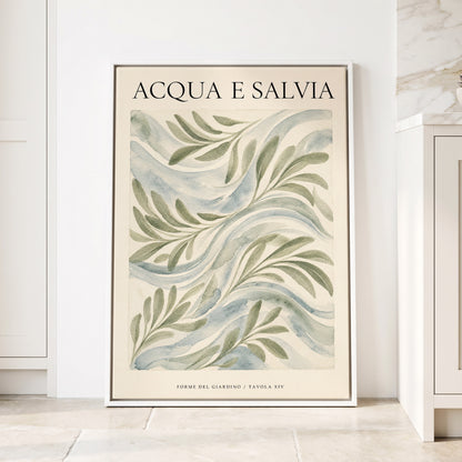 Sage Water Garden, green, beige, blue nature wall art displayed in a styled interior, gallery view 1