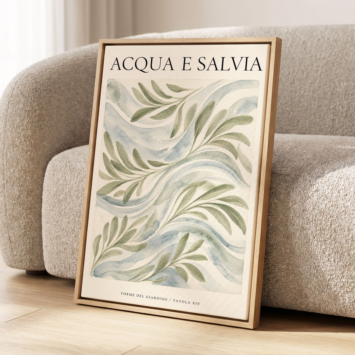 Sage Water Garden, green, beige, blue nature wall art displayed in a styled interior, gallery view 2