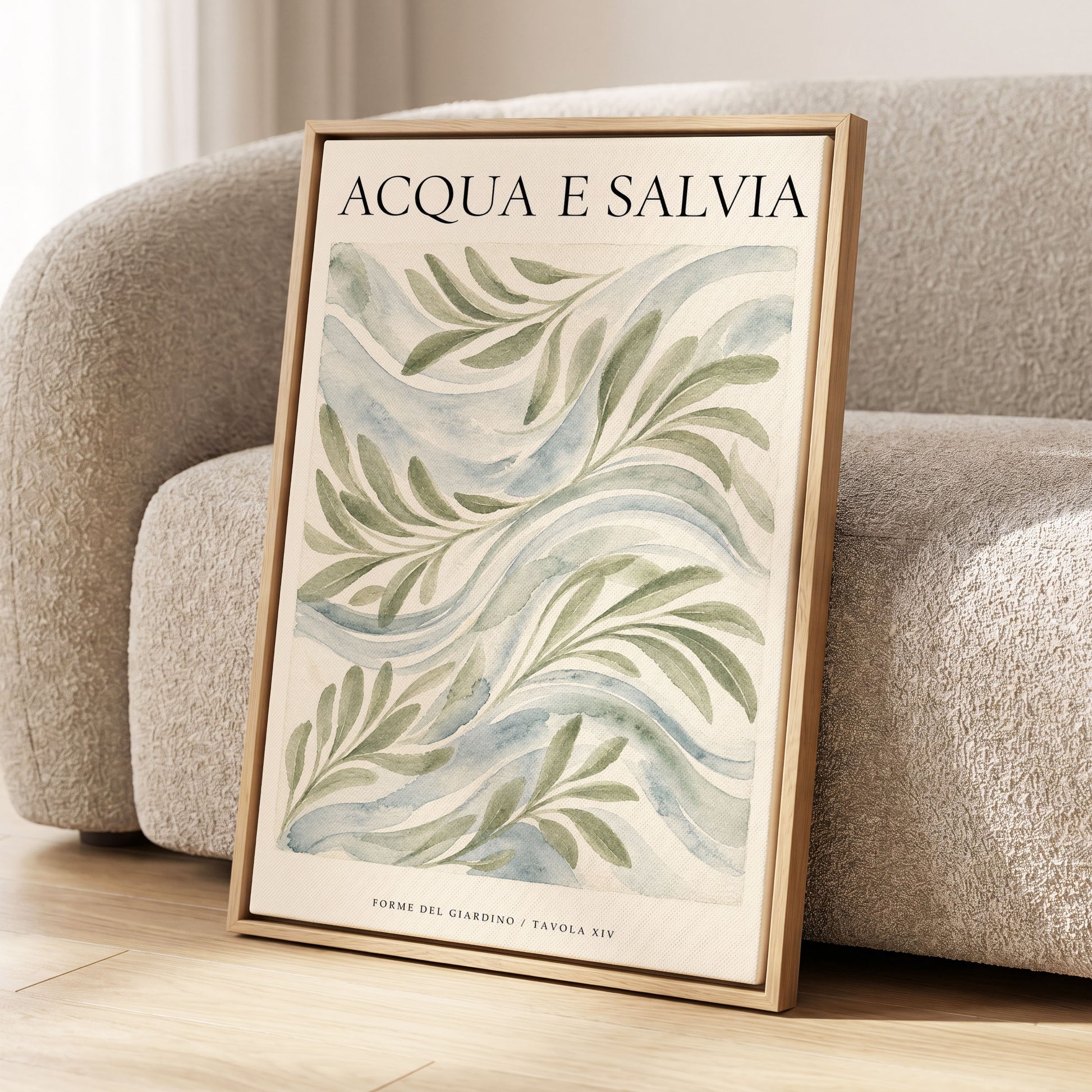 Sage Water Garden, green, beige, blue nature wall art displayed in a styled interior, gallery view 2
