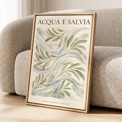 Sage Water Garden, green, beige, blue nature wall art displayed in a styled interior, gallery view 2