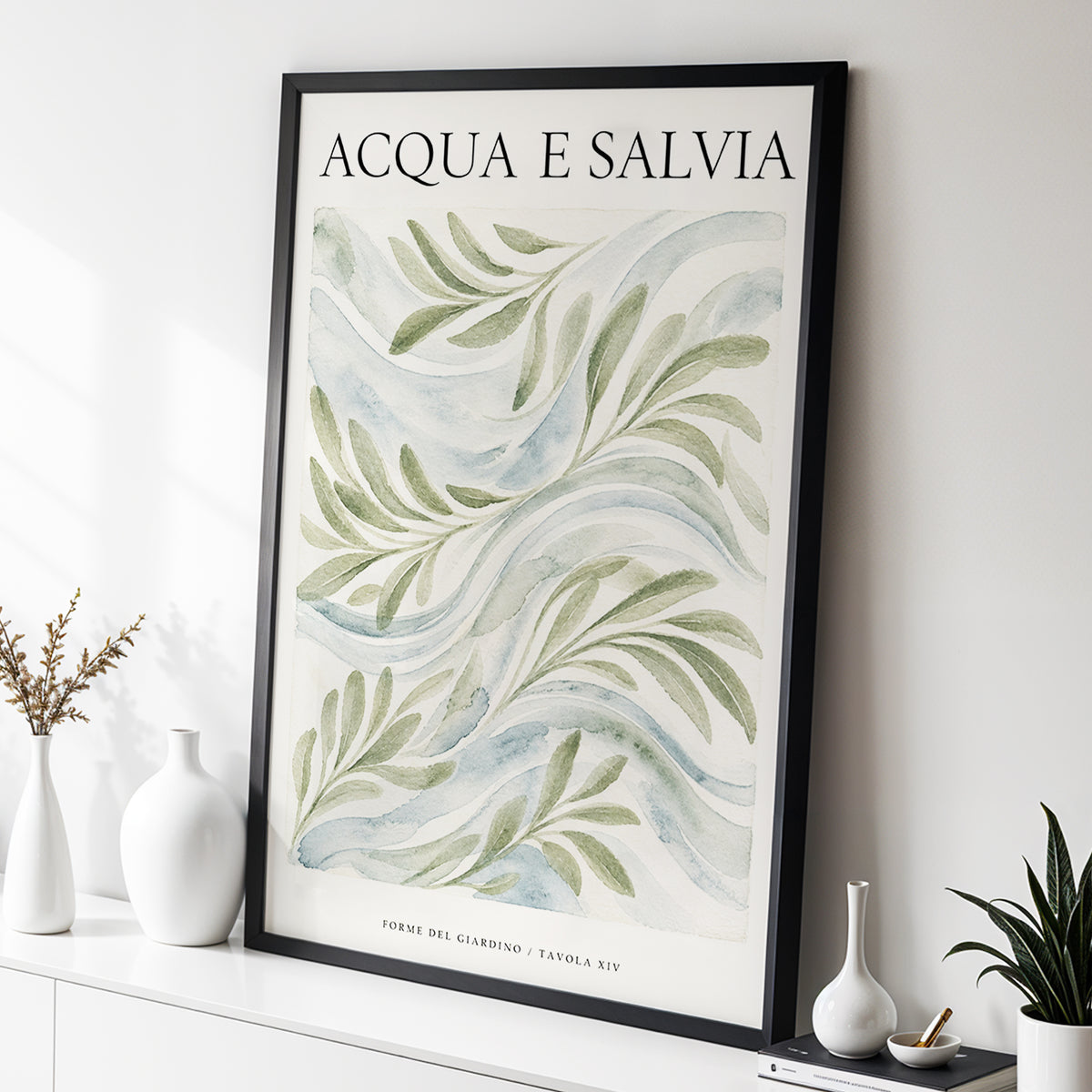 Sage Water Garden, green, beige, blue nature wall art displayed in a styled interior, gallery view 3