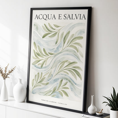 Sage Water Garden, green, beige, blue nature wall art displayed in a styled interior, gallery view 3