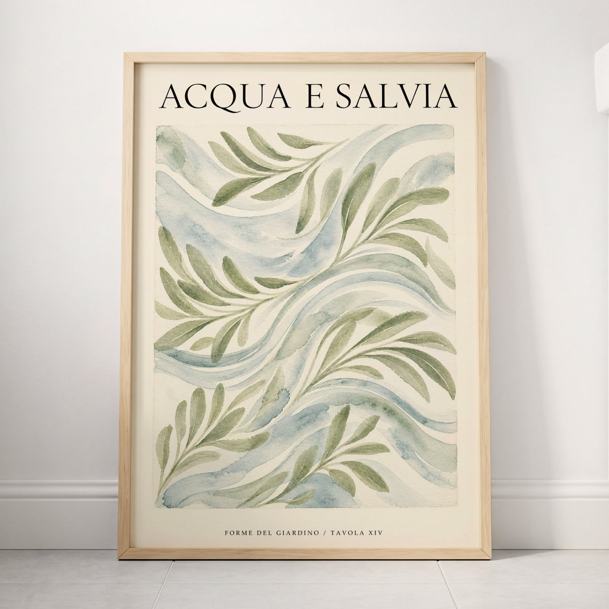 Sage Water Garden, green, beige, blue nature wall art displayed in a styled interior, gallery view 4
