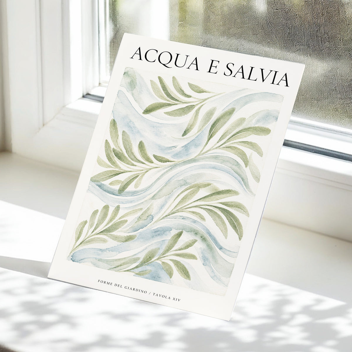 Sage Water Garden, green, beige, blue nature wall art displayed in a styled interior, gallery view 5