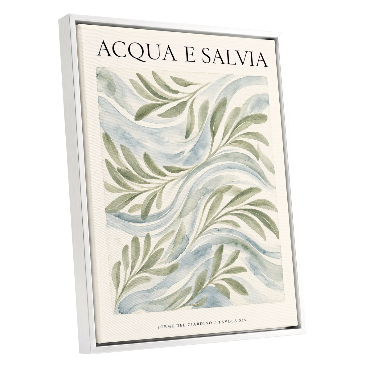 Sage Water Garden, green, beige, blue nature wall art shown as a white framed canvas wall art