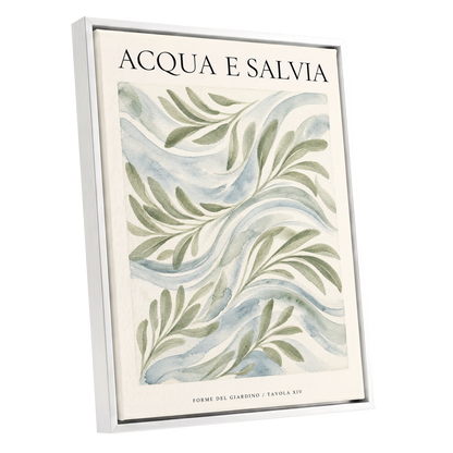 Sage Water Garden, green, beige, blue nature wall art shown as a white framed canvas wall art