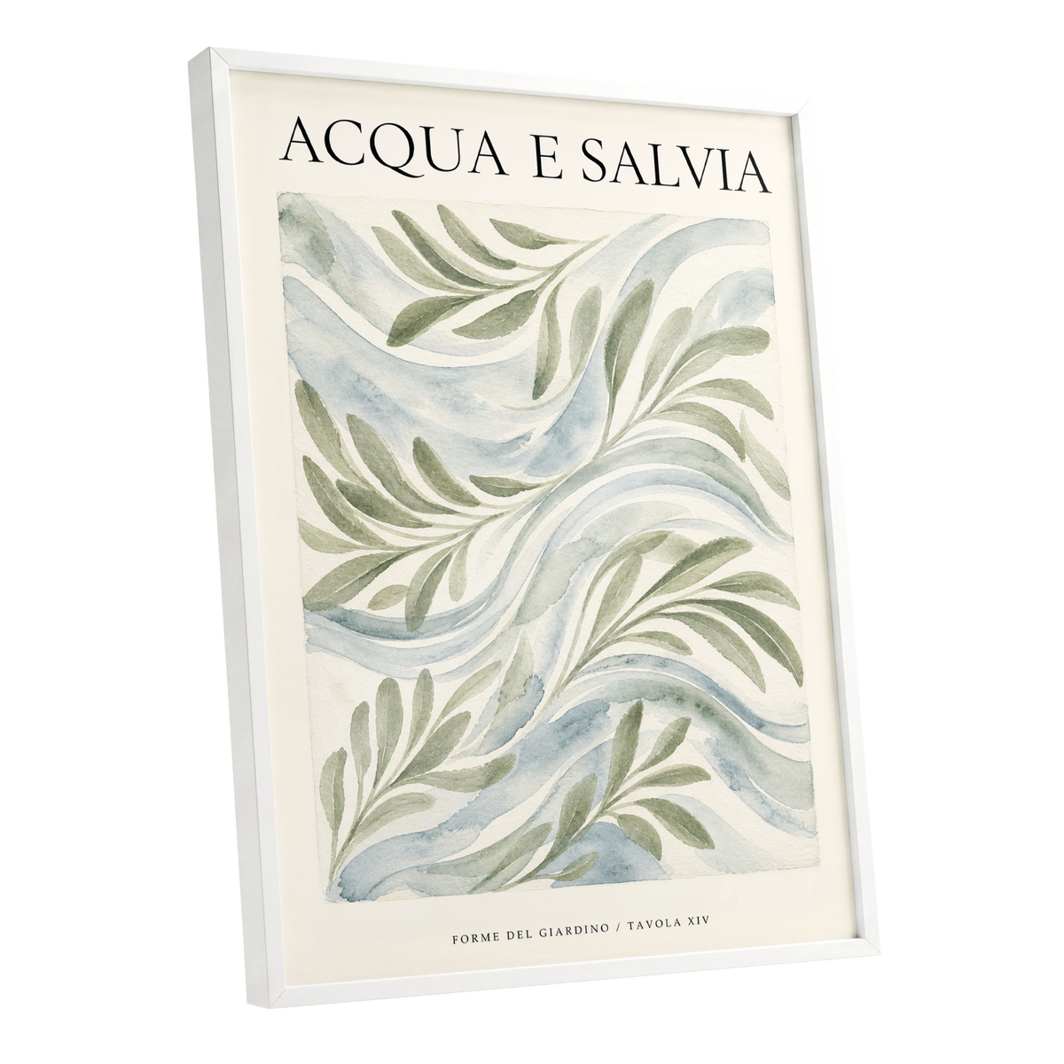 Sage Water Garden, green, beige, blue nature wall art shown as a white framed poster wall art print