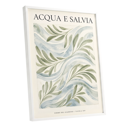Sage Water Garden, green, beige, blue nature wall art shown as a white framed poster wall art print