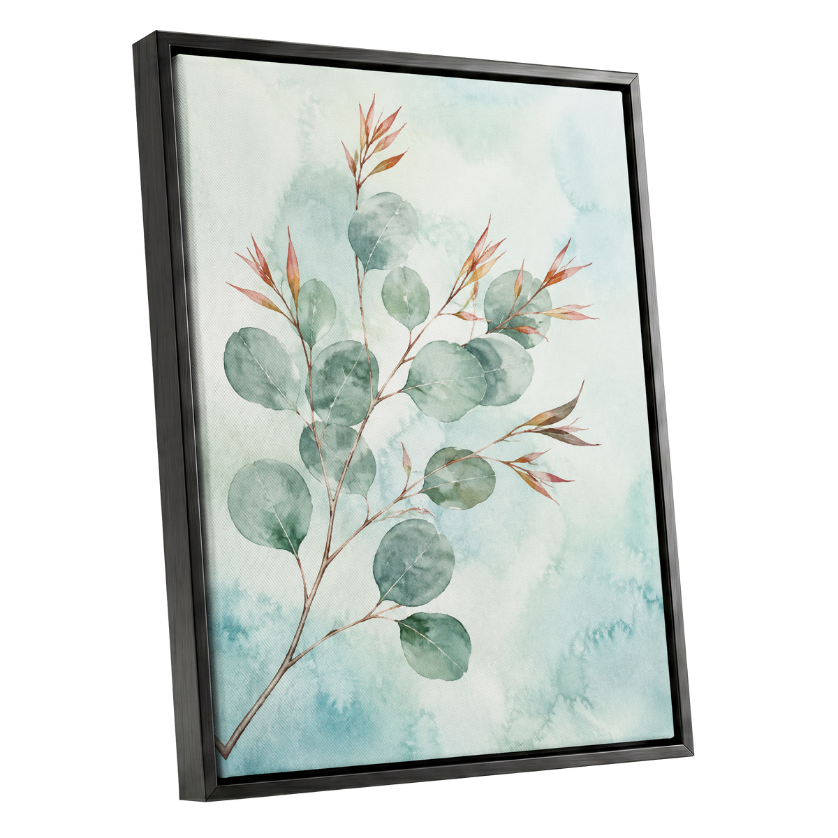 Sageleaf Serenade, green, blue, pink nature wall art shown as a black framed canvas wall art