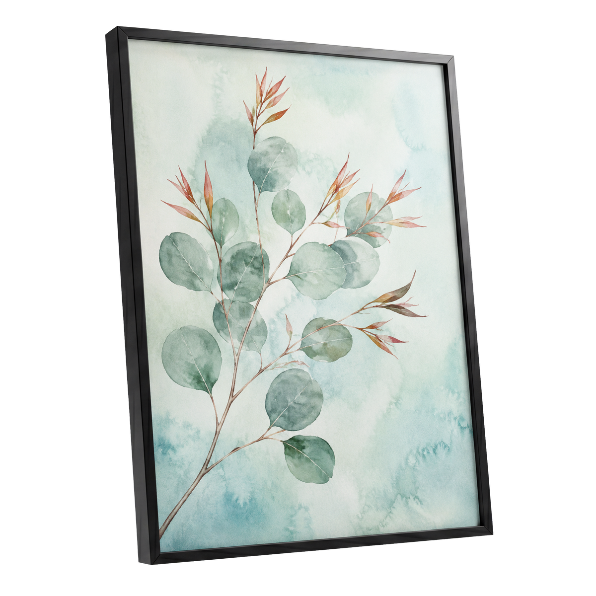 Sageleaf Serenade, green, blue, pink nature wall art shown as a black framed poster wall art print