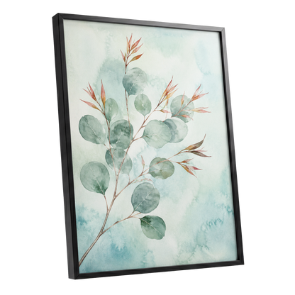 Sageleaf Serenade, green, blue, pink nature wall art shown as a black framed poster wall art print