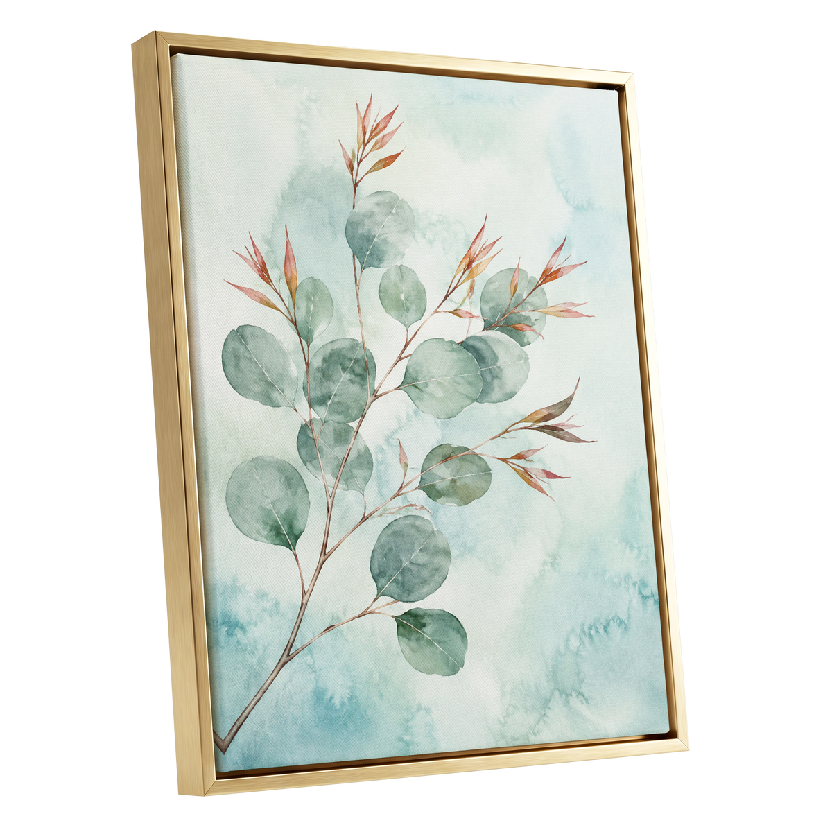 Sageleaf Serenade, green, blue, pink nature wall art shown as a gold framed canvas wall art