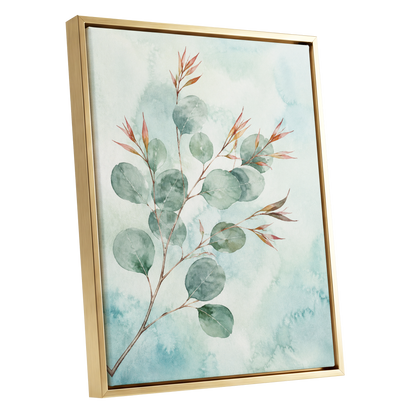 Sageleaf Serenade, green, blue, pink nature wall art shown as a gold framed canvas wall art
